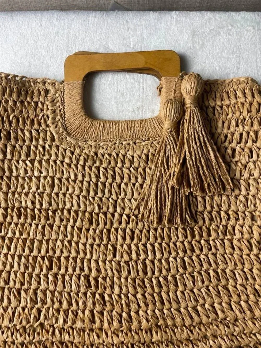 EUC SHEIN Large Straw Woven Tote with Wood Handle